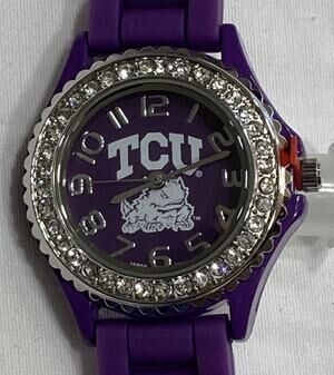 TCU Horned Frogs Ladies Crystals Watch, Purple Silicone Band, NCAA